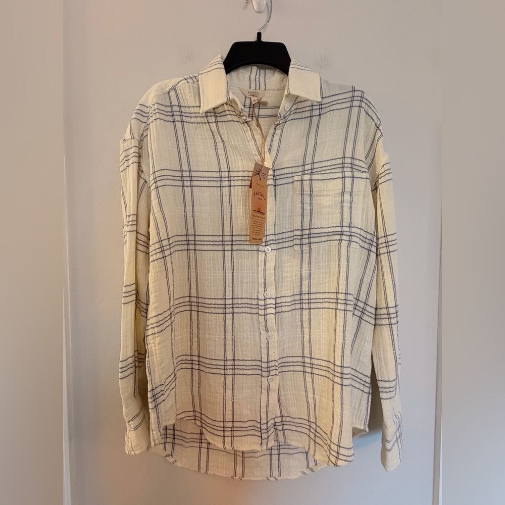 NWT Faherty Dune Cotton Gauze Relaxed Shirt - Blue Cove Plaid - Size Medium
